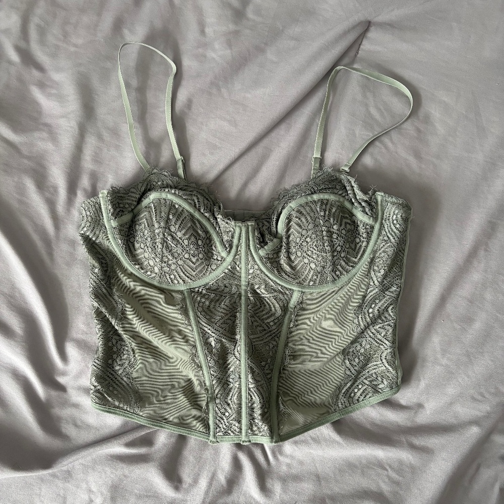 Lace-Trim Corset Bustier Top in Sage Green